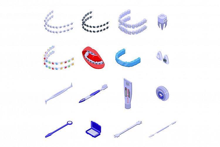 Tooth braces icons set, isometric style example image 1