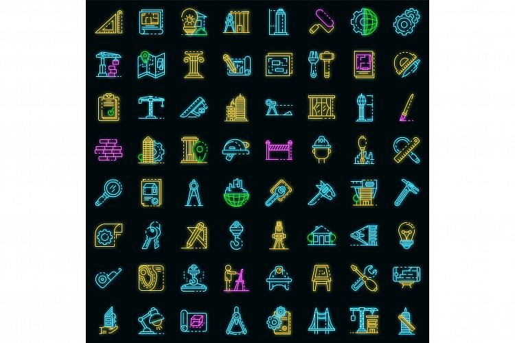 Architect equipment icons set vector neon example image 1