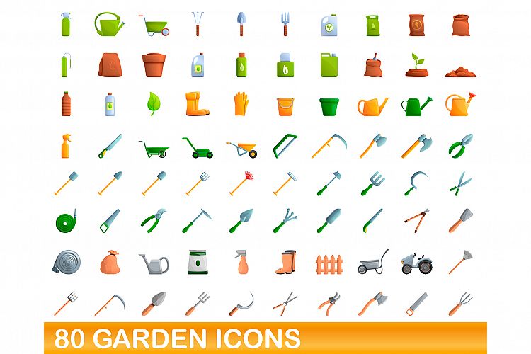 80 garden icons set, cartoon style