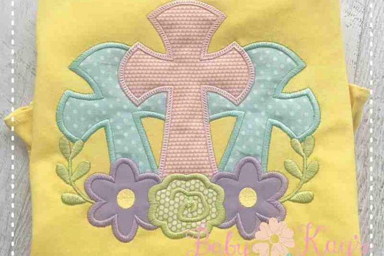 3 Crosses with Flowers Applique Design 4x4, 5x7, 6x10, 8x8 example image 1