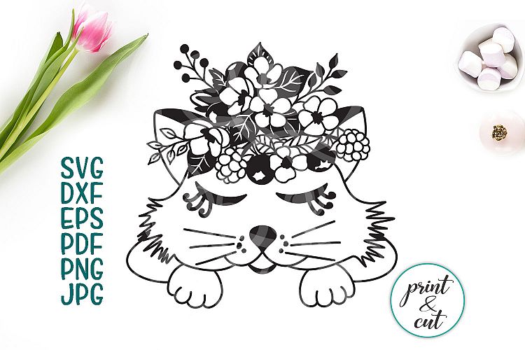 cat face with flowers svg, cricut svg dxf file png pdf print