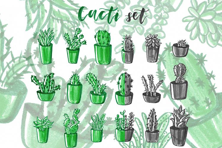 Cacti hand drawn set.