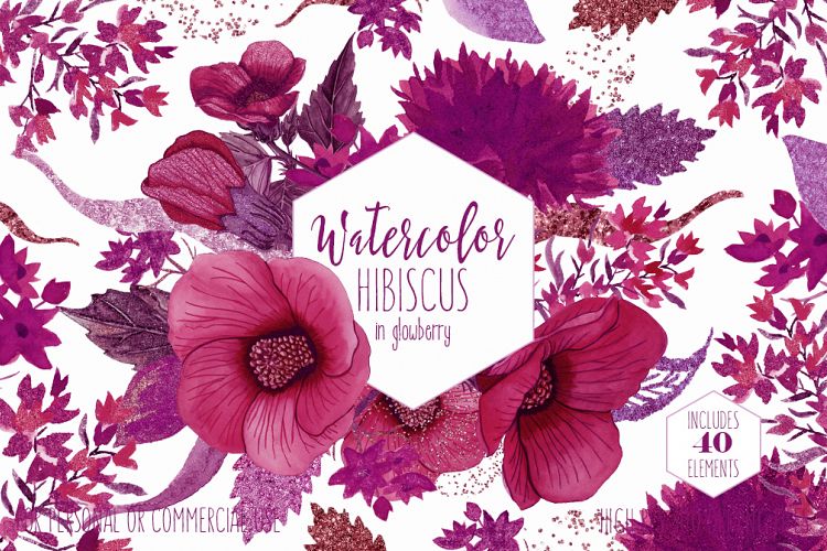 TROPICAL FLORAL Clipart Commercial Use Watercolor Hibiscus Hawaiian Flowers Wine Pink Burgundy & Ultra Violet Metallic Wreaths Invitation Graphics