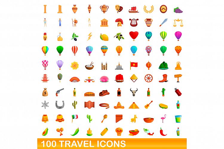 100 travel icons set, cartoon style example image 1