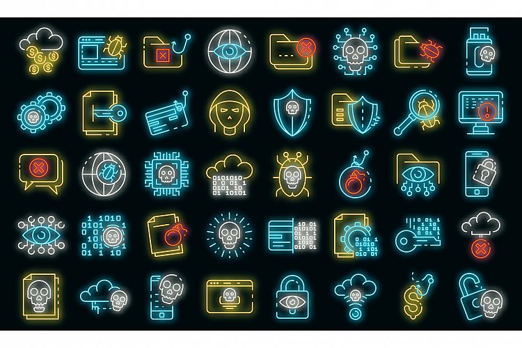 Cyber attack icons set vector neon example image 1