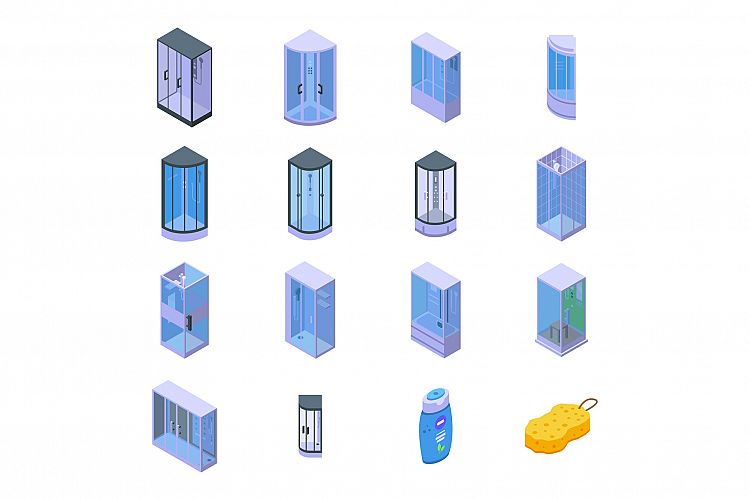 Shower stall icons set, isometric style example image 1
