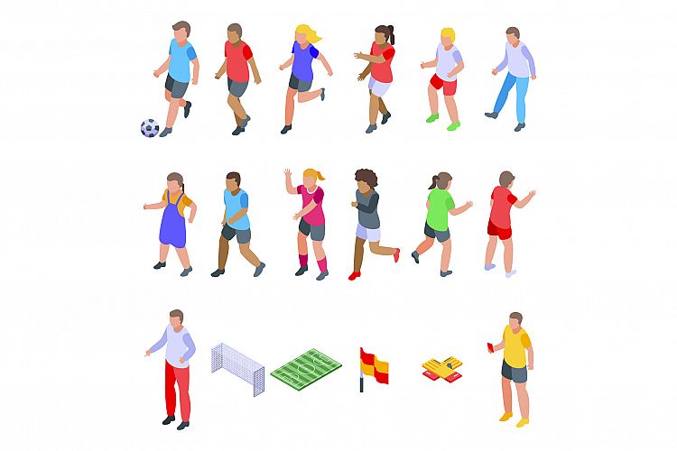 Kids playing soccer icons set, isometric style example image 1