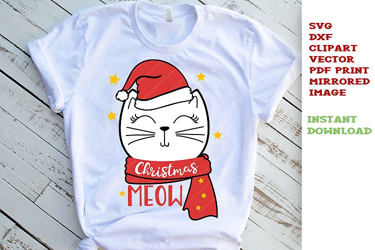 Christmas Cat in Santa Hat SVG Clipart Dxf Vector Printable