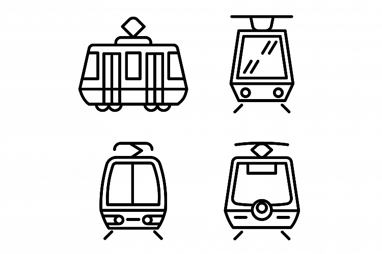 Tram car icons set, outline style example image 1