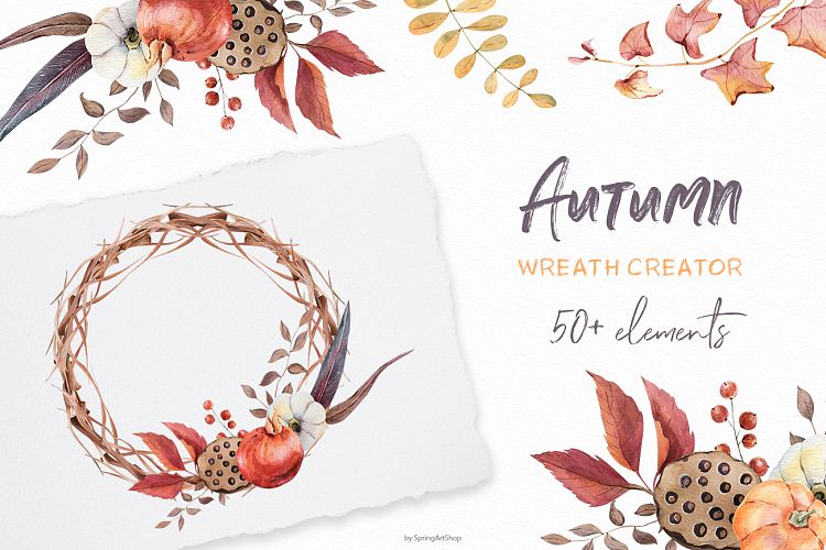 Autumn wreath creator Watercolor clipart Fall leaves