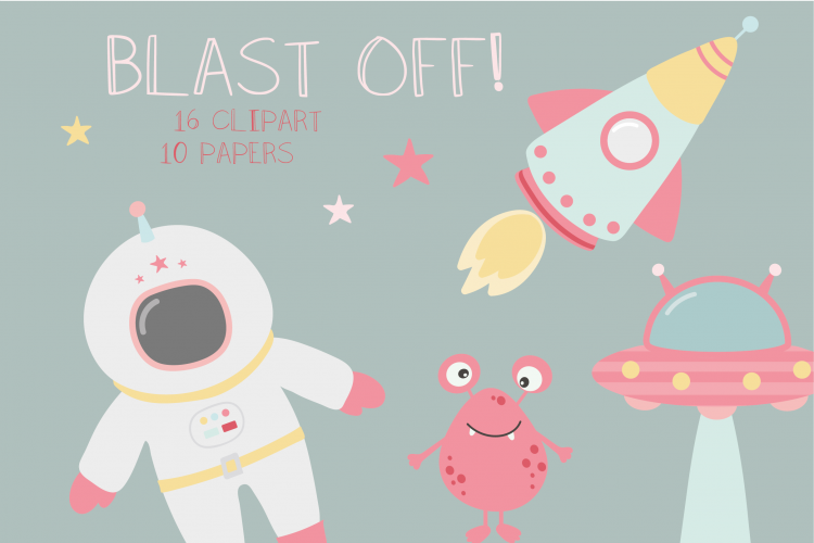Blast off girls , digital clipart and paper set