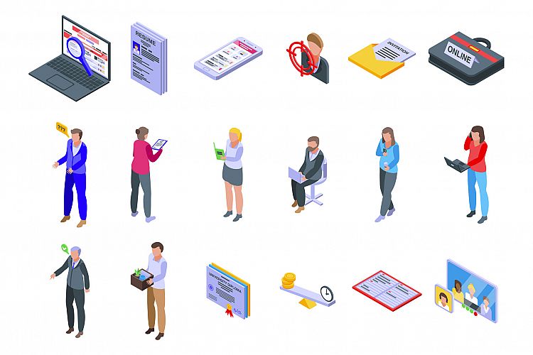 Online job search icons set, isometric style example image 1