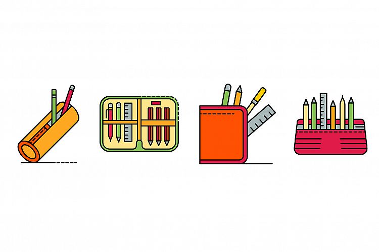 Pencil case icons set line color vector example image 1