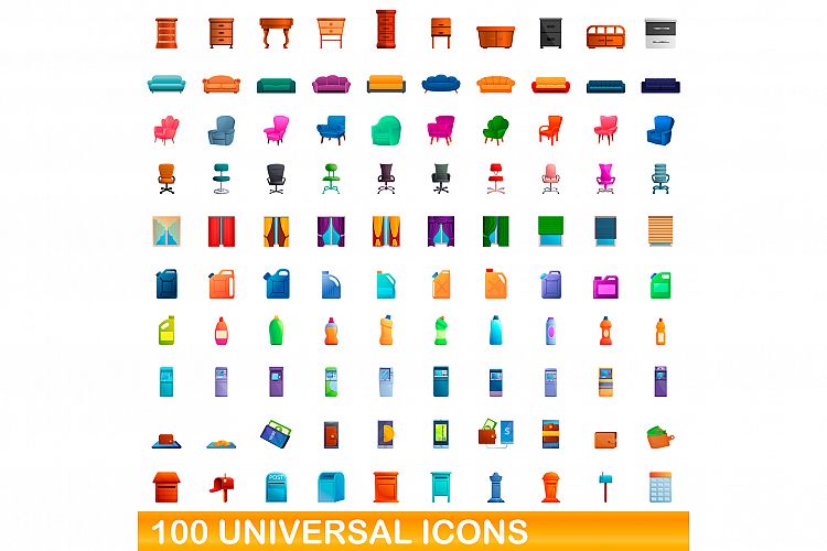 100 universal icons set, cartoon style example image 1