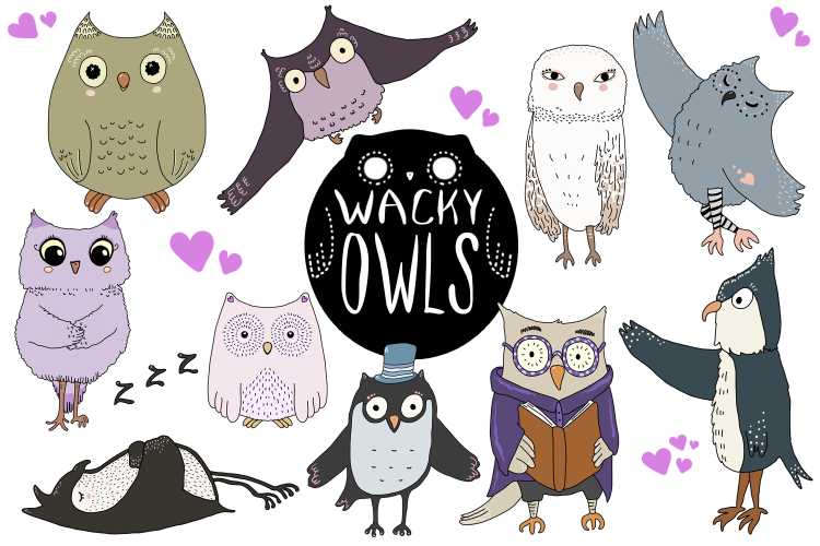 Wacky Owls | 10 images | Clip art illustrations | PNG/JPEG