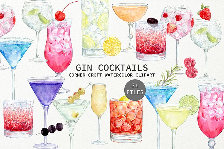 Watercolor Gin Cocktail Illustration and Prints