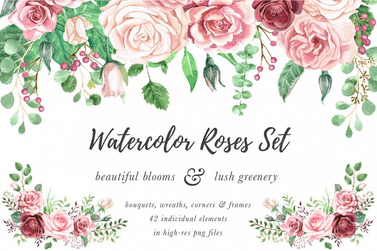 Watercolor Roses & Foliage Set