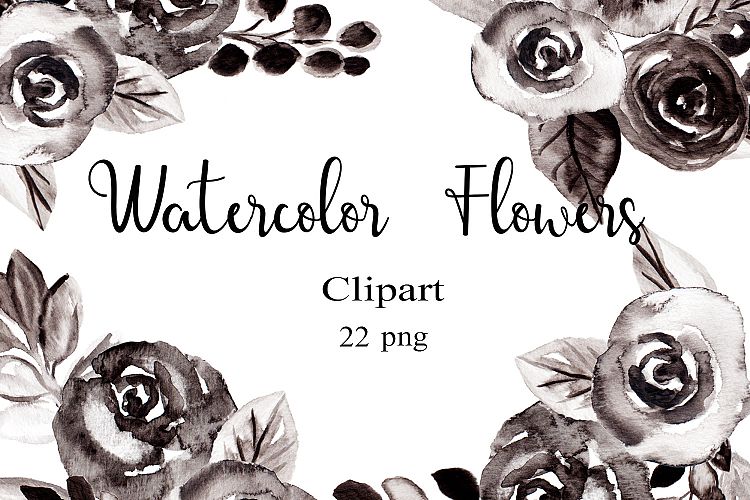 Black and White Watercolor Flowers Clipart