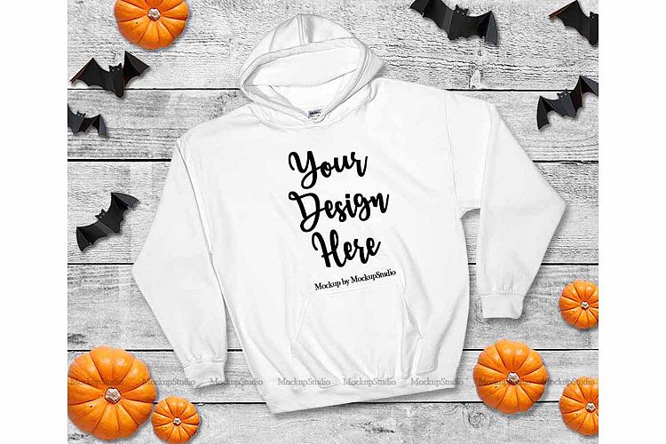 Halloween White Hoodie Mockup, Gildan 18500 Mock Up Flat lay