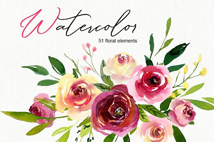 Watercolor burgundy, yellow, pink and red roses flowers