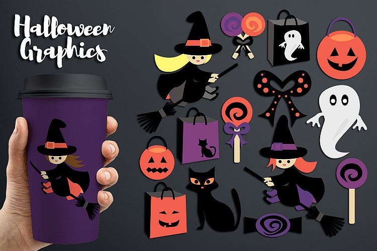 Flying witch broom, Halloween sweets candy clipart graphics