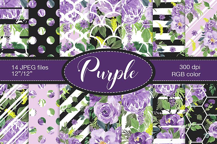Purple Watercolor Floral Digital Paper