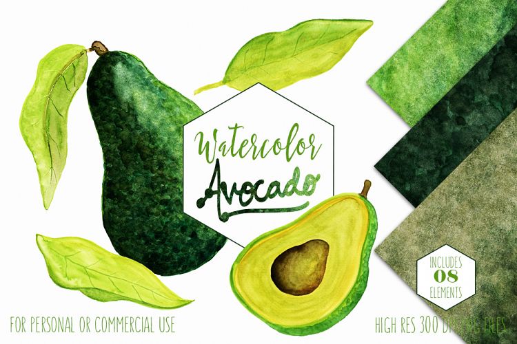 WATERCOLOR AVOCADO Clipart Avacado Vegetable Fruit Menu Clipart Healthy Foods Watercolor Digital Background Papers