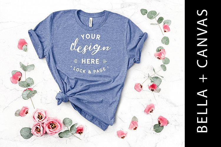 Heather Blue Bella Canvas 3001 T-Shirt Mockup Floral Flatlay