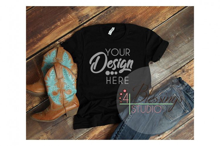 Black TShirt Bella Canvas 3001 Cowboy Boots Shirt Mockup
