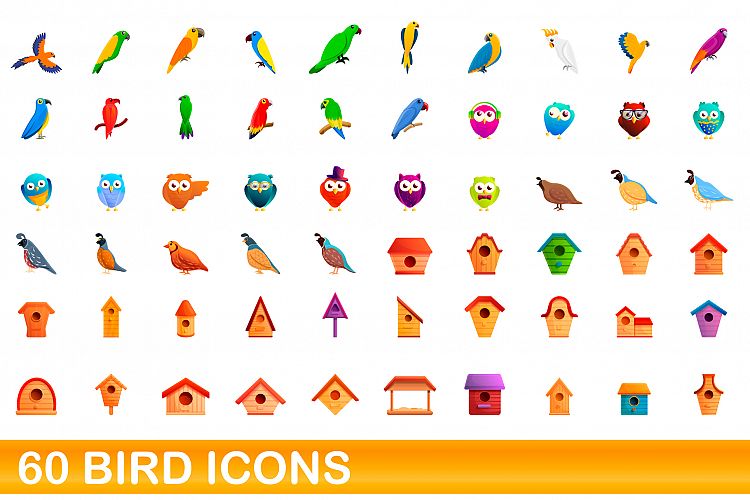 60 bird icons set, cartoon style