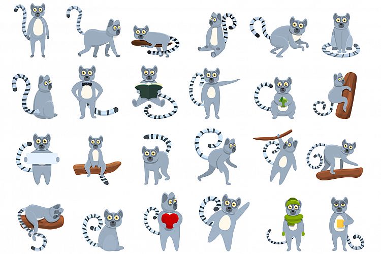 Lemur icons set, cartoon style