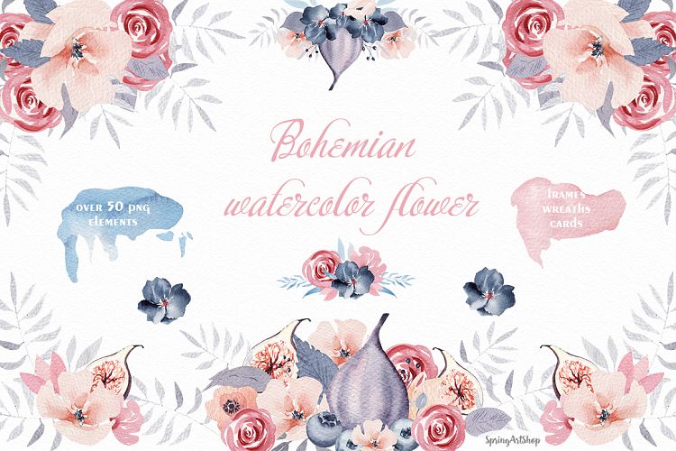 Bohemian watercolor flower Big Set