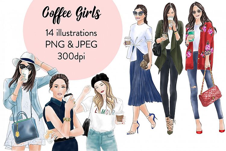 Coffee girls watercolour illustration clipart