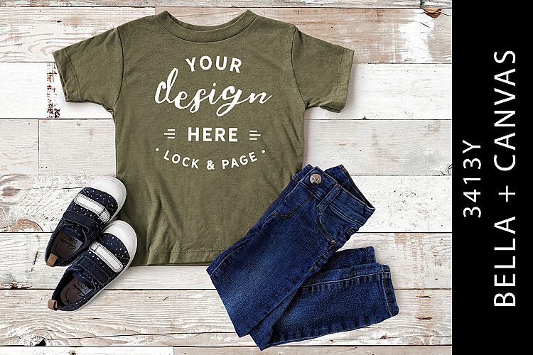 Download Kids Olive Triblend Bella Canvas 3413Y T-Shirt Mockup