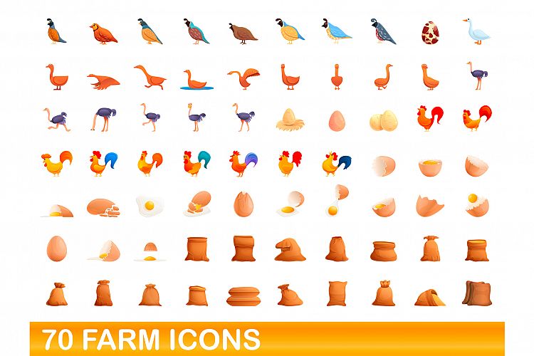 70 farm icons set, cartoon style example image 1