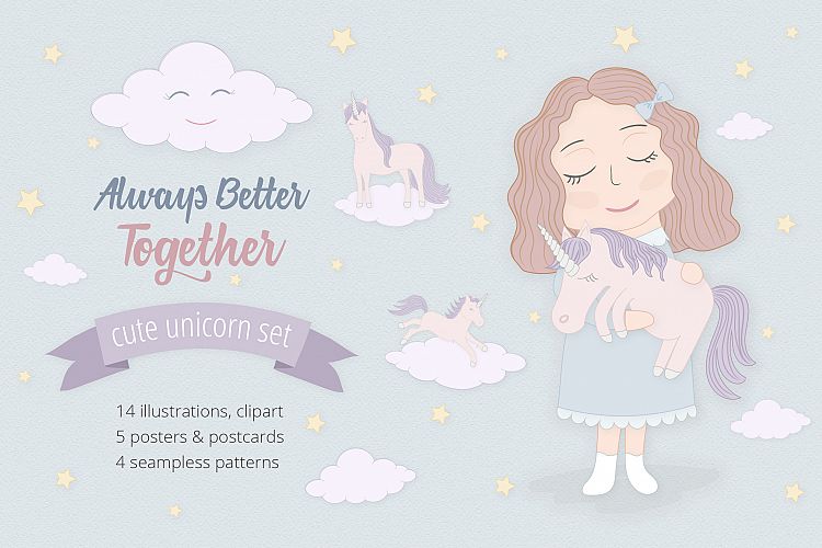 Cute Funny Unicorn Illustration Set