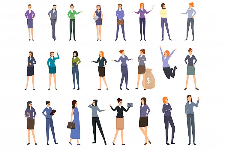 Successful business woman icons set, cartoon style