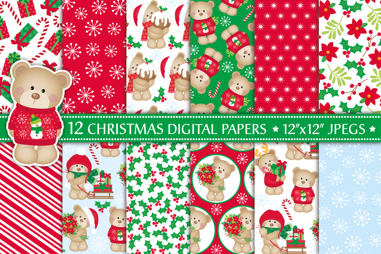 Christmas digital papers,Christmas patterns,Christmas bears