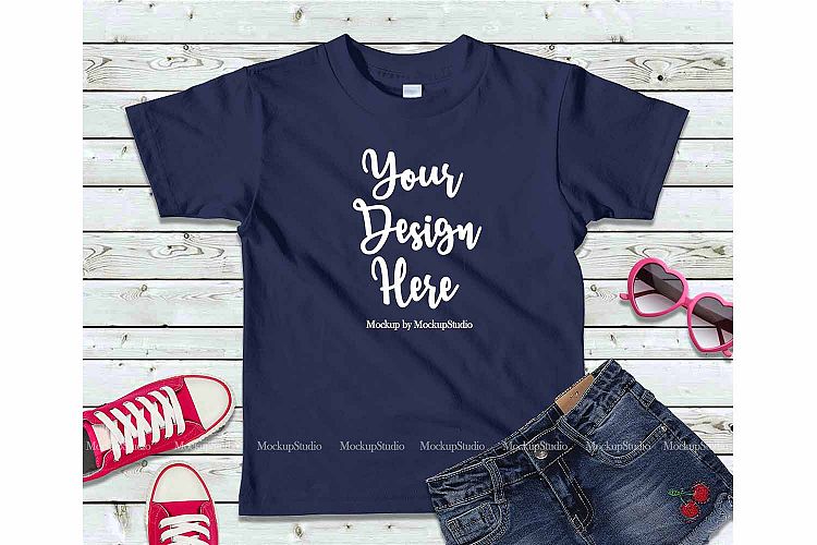 Kids Navy Tshirt Mock Up Girls Teen Flat Lay Tee Display