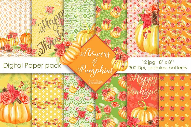 Pumpkins and flowers digital paper pack