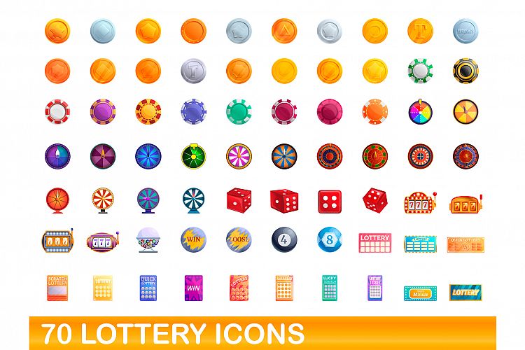 70 lottery icons set, cartoon style example image 1