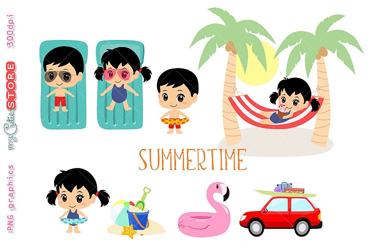 Summertime beach vacations clipart, cute kawaii girl and boy going beach and pool, clip art set for planner stickers, cards, tshirts, mugs. 