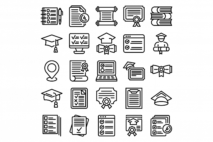 Final exam icons set, outline style