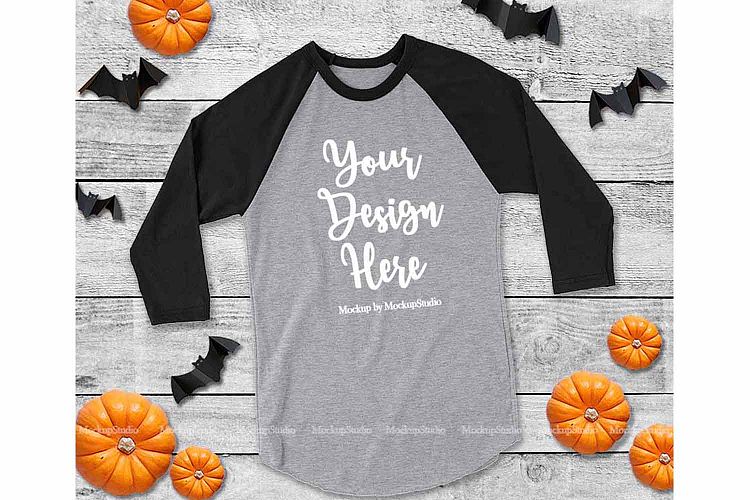 Fall Halloween Raglan Jersey Tshirt Black and Gray Mock Up