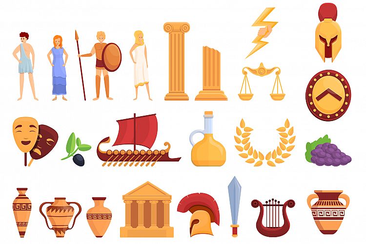 Ancient Greece icons set, cartoon style example image 1