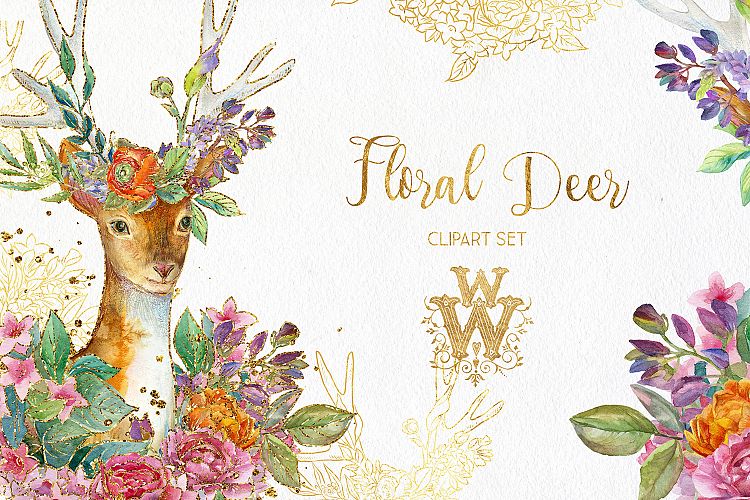 Download Free Card Making Download Watercolor Floral Deer Printable Clipart Golden Graphics Free Design Resources