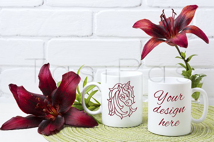 Two coffee mug mockup with burgundy lily