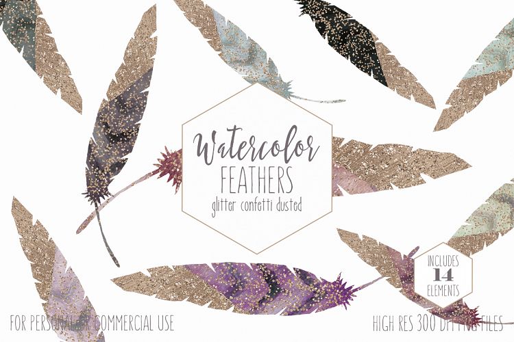 Rose Gold Dipped Feathers Watercolor Graphics