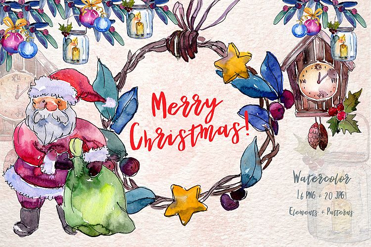 Merry Christmas holiday PNG watercolor set