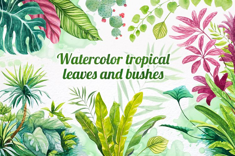 Watercolor tropical leaves set#2